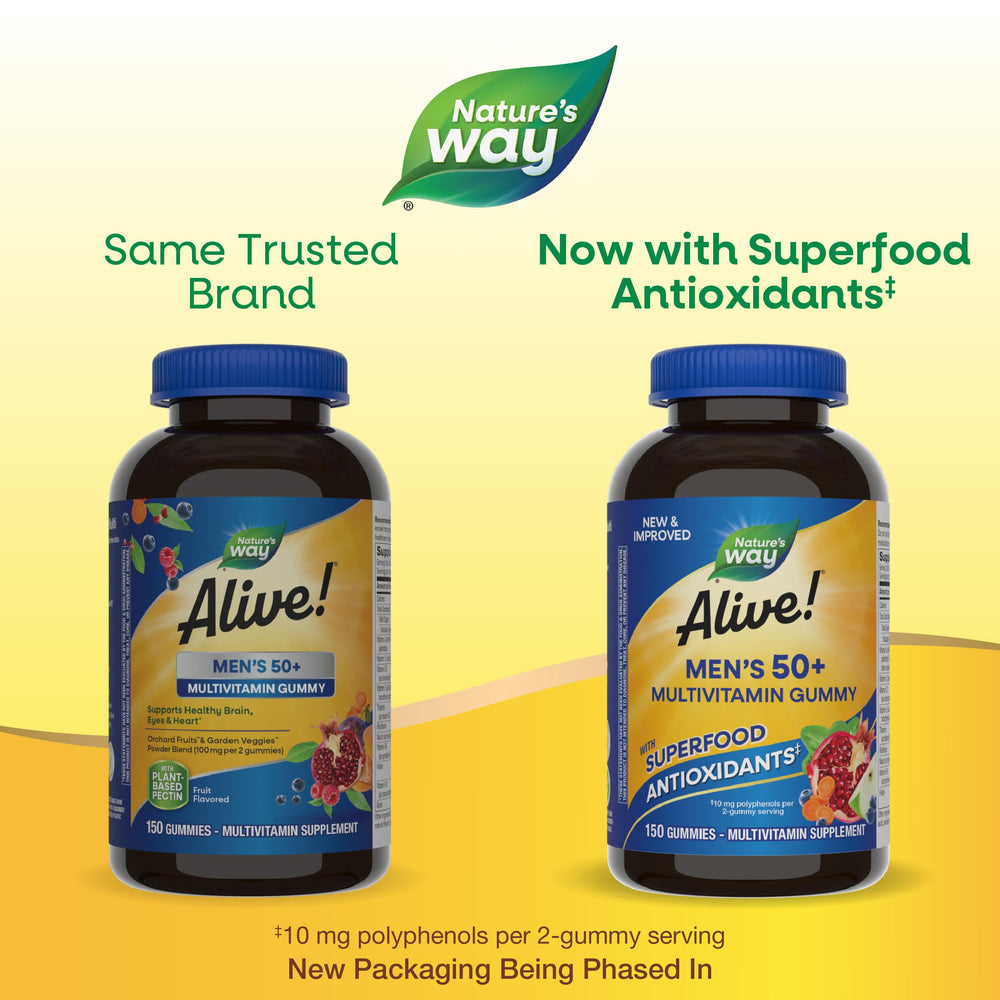 Alive! Men's 50+ gummies on label front signaling gluten-free and vegetarian formula.