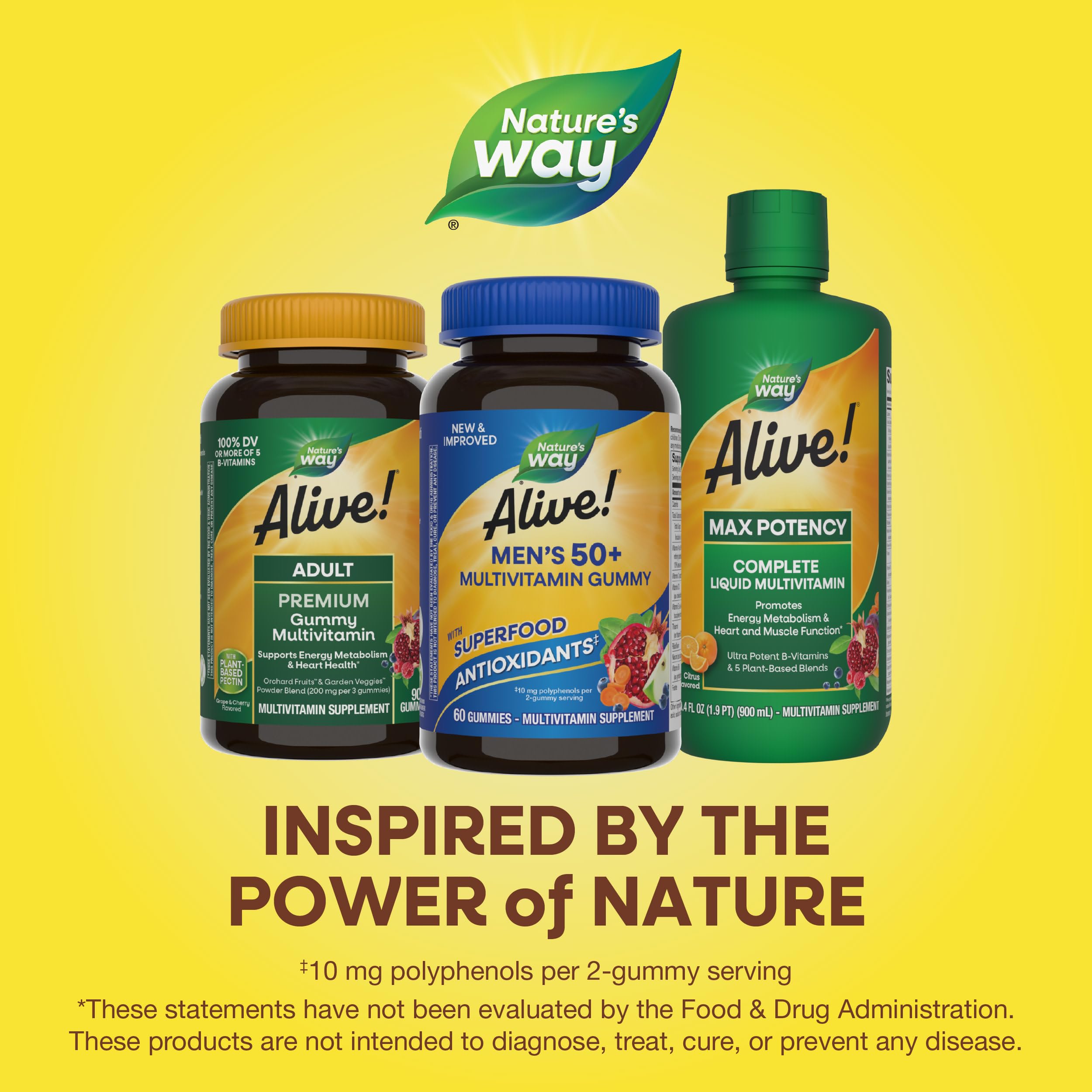 Nature's Way Alive! Men’s 50+ bottle with two gummies reminder.