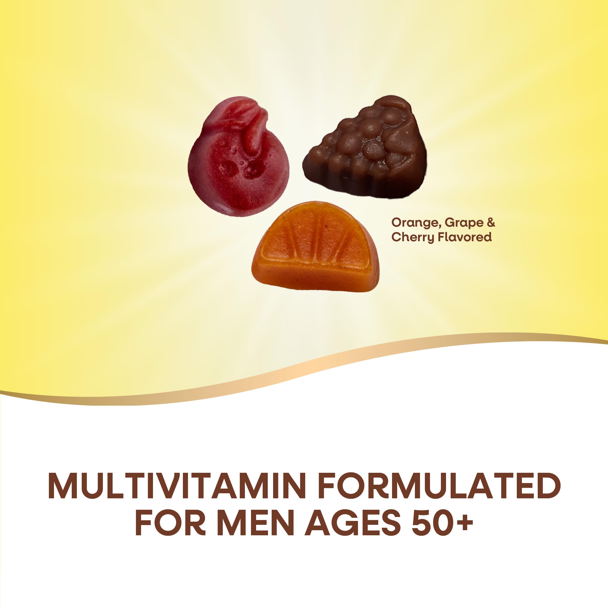 Nature’s Way Alive! Men's 50+ gummies closeup highlighting fruity flavors and energy support