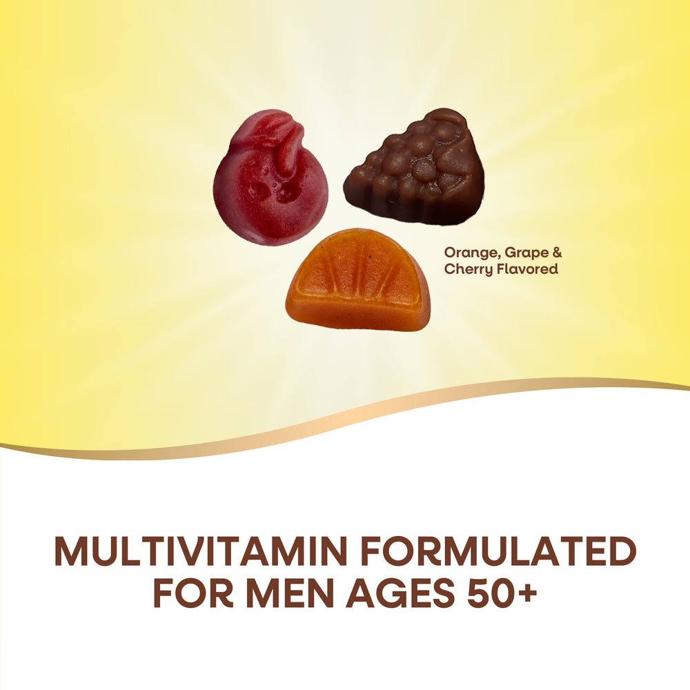 Nature’s Way Alive! Men's 50+ gummies closeup highlighting fruity flavors and energy support