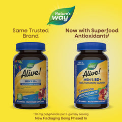 Nature's Way Alive! Men’s 50+ gummies close-up showing fruity texture and color.