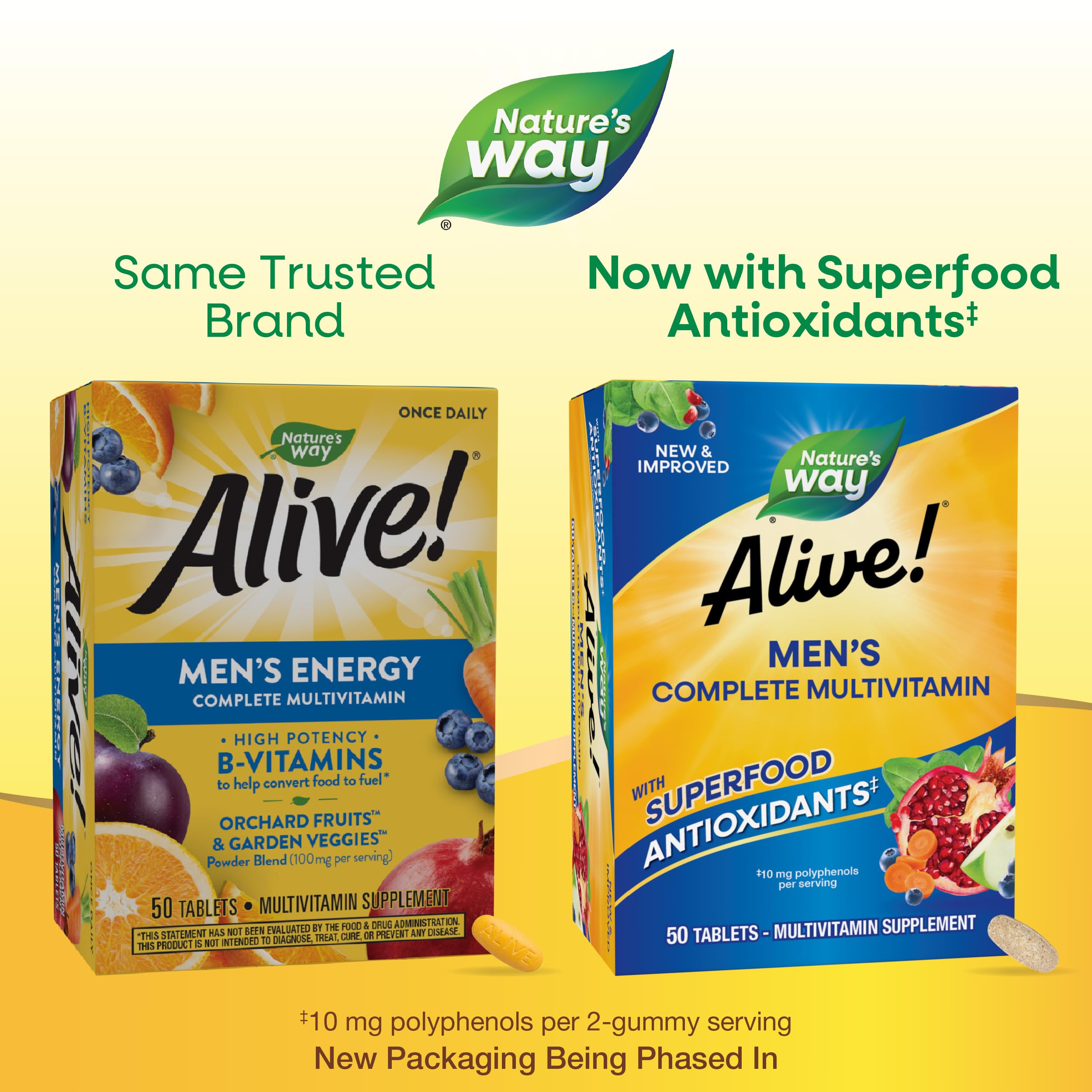 Nature's Way Alive! Men's multivitamin bottle emphasizing gluten-free formulation with 19 essential vitamins.