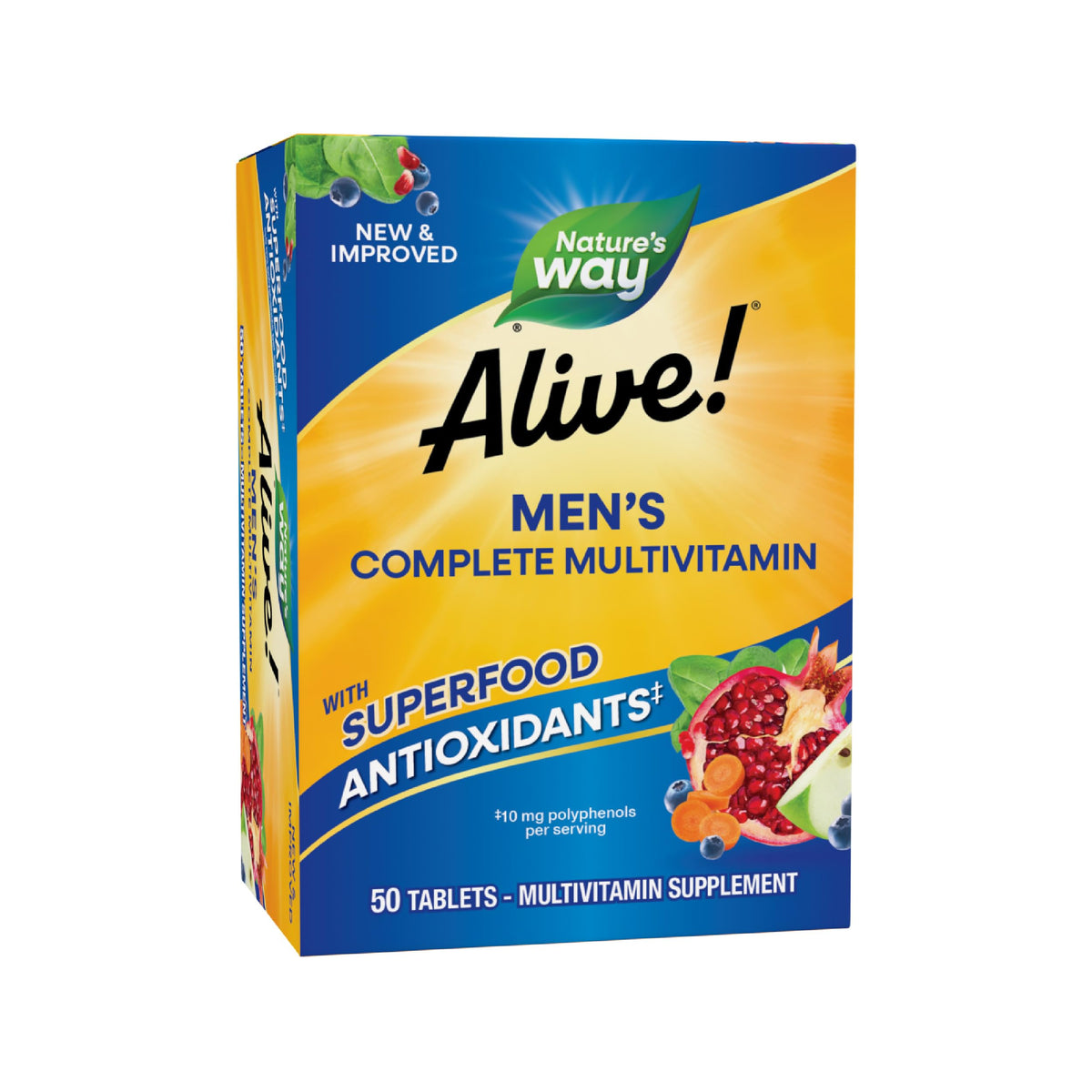 Nature's Way Alive! Men's Multivitamin front label showing comprehensive daily wellness formula.