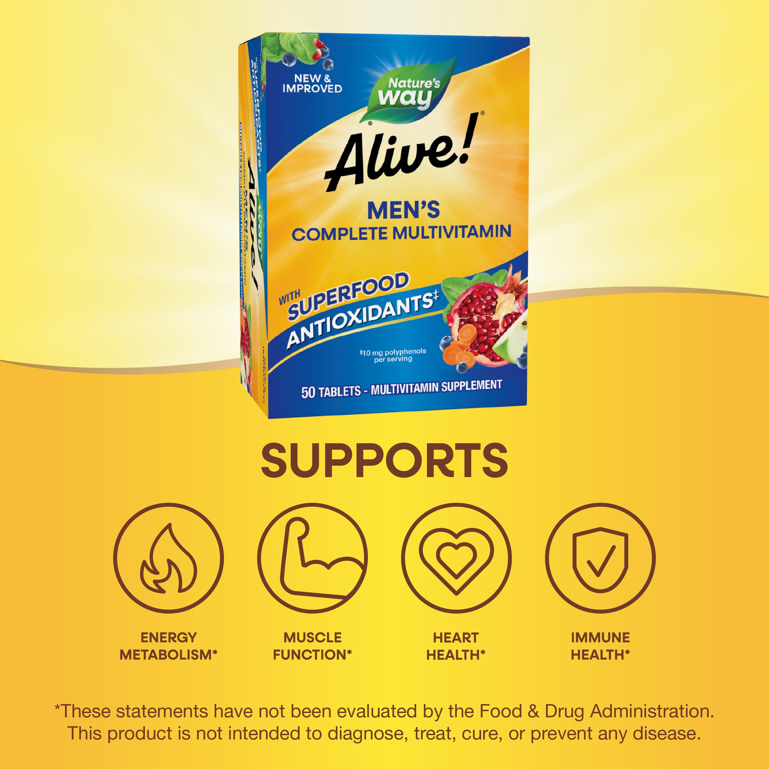 Nature's Way Alive! Men's nutrition facts panel featuring zinc, selenium, and vitamin D3.
