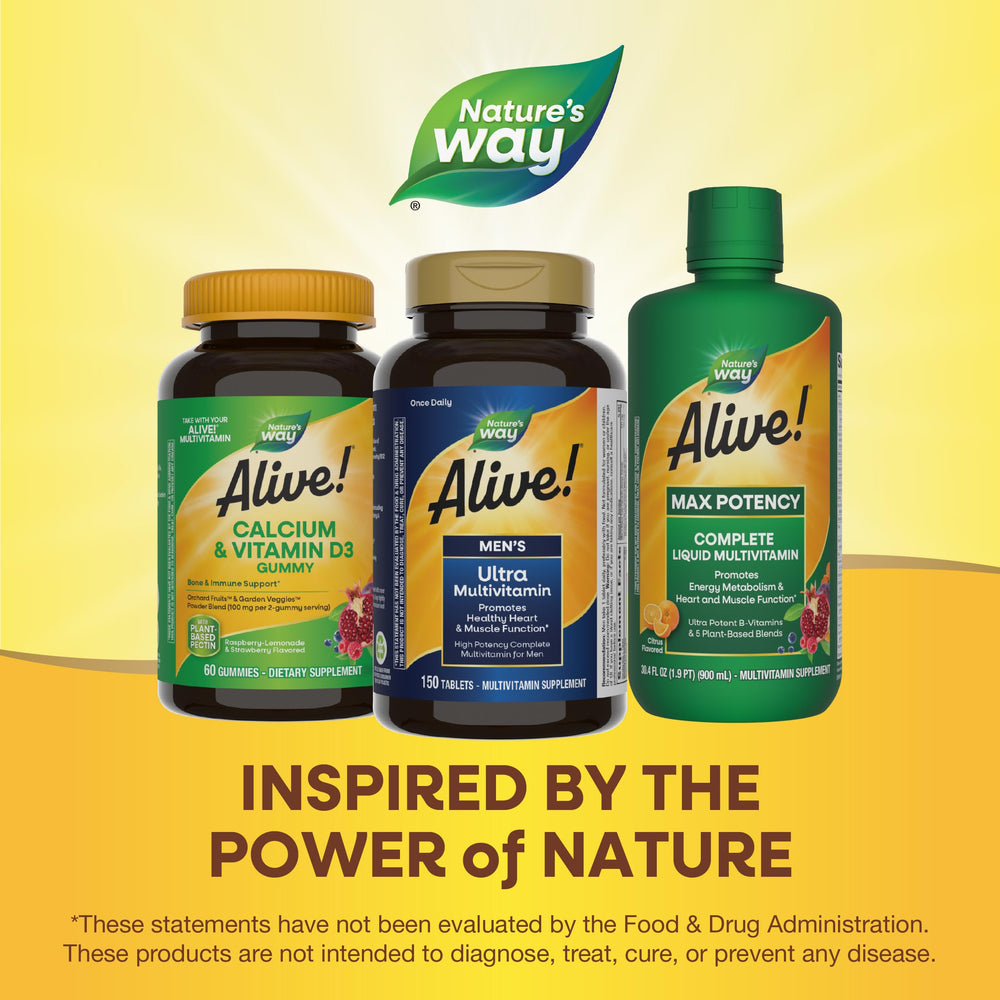 Nature's Way Alive! Men's supplement ingredients panel highlights vitamins and minerals.