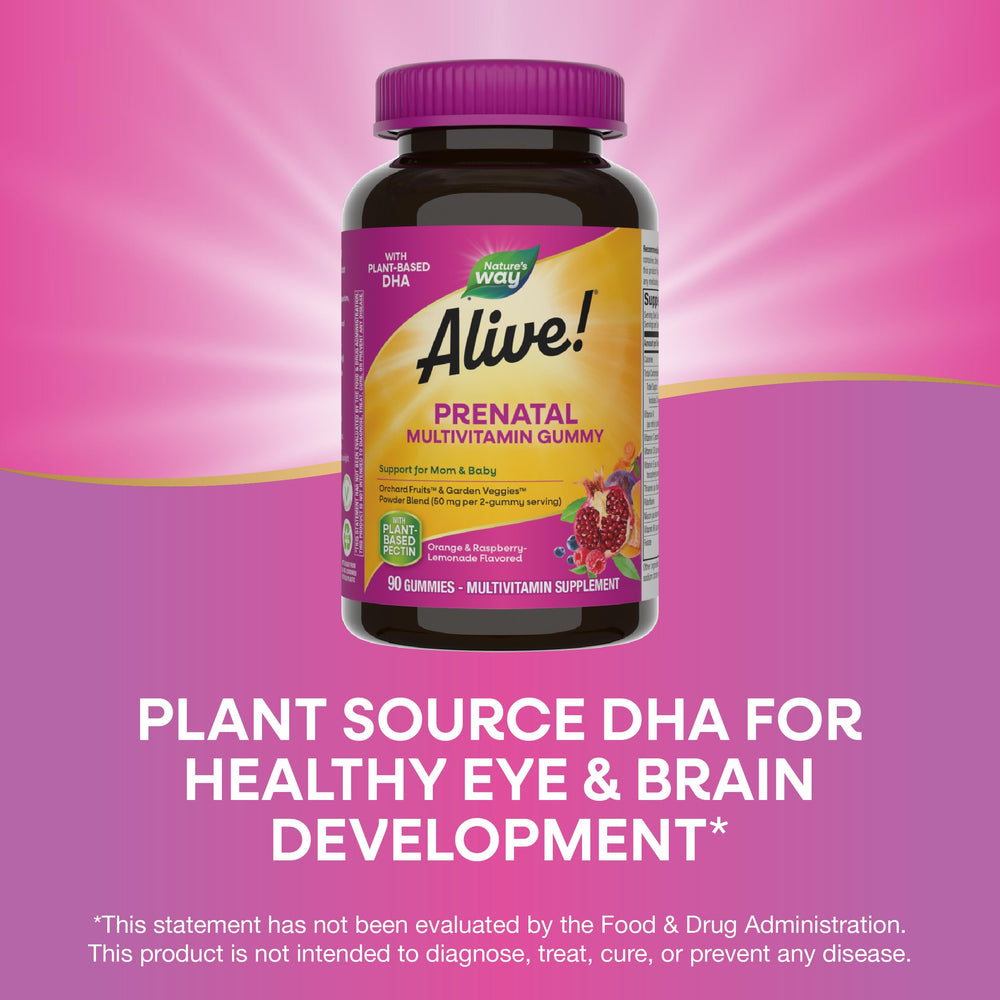 Nature's Way Alive Prenatal Gummy label shows plant-based DHA and vegan formula