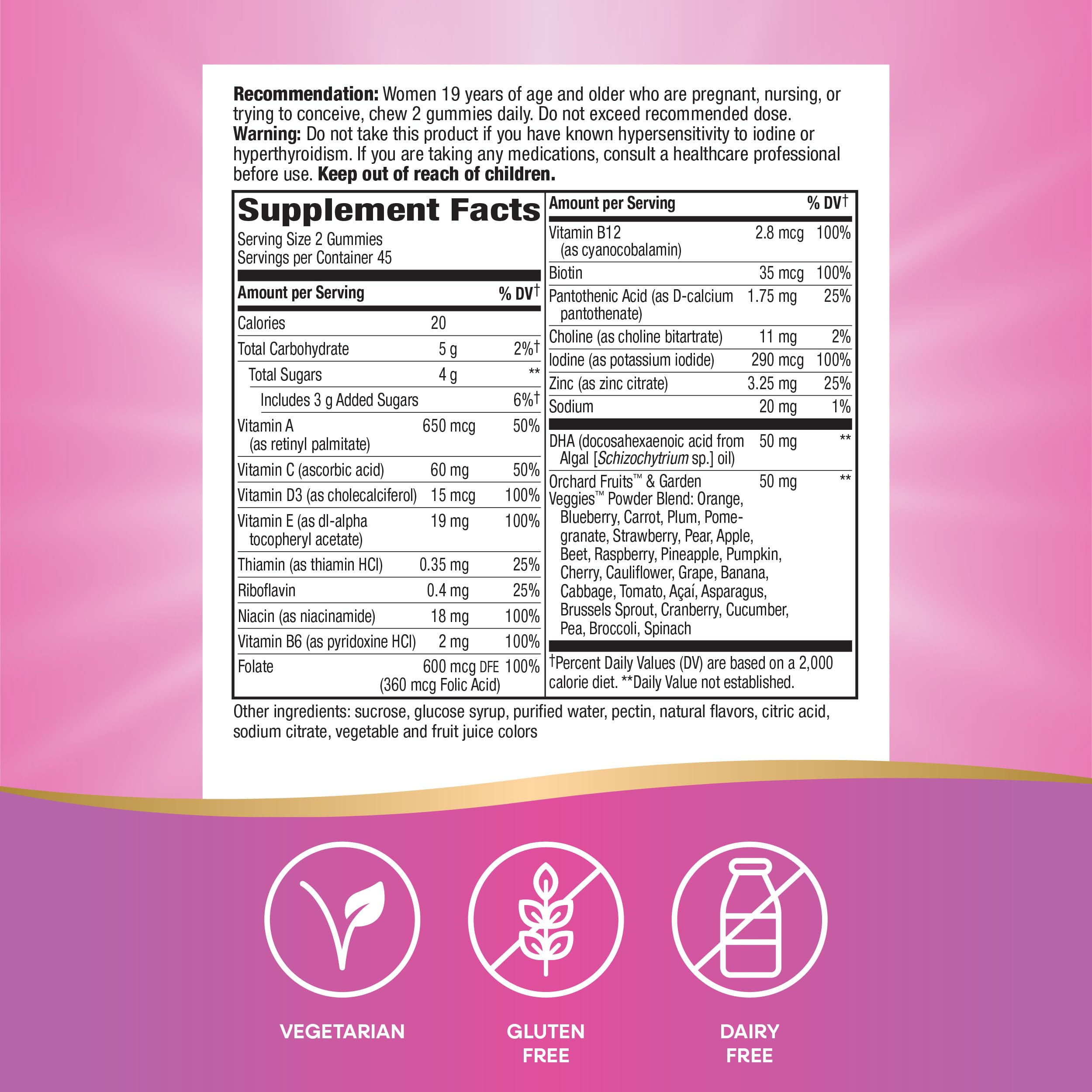 Nature's Way Alive Prenatal Gummy ingredient list with vitamins displayed