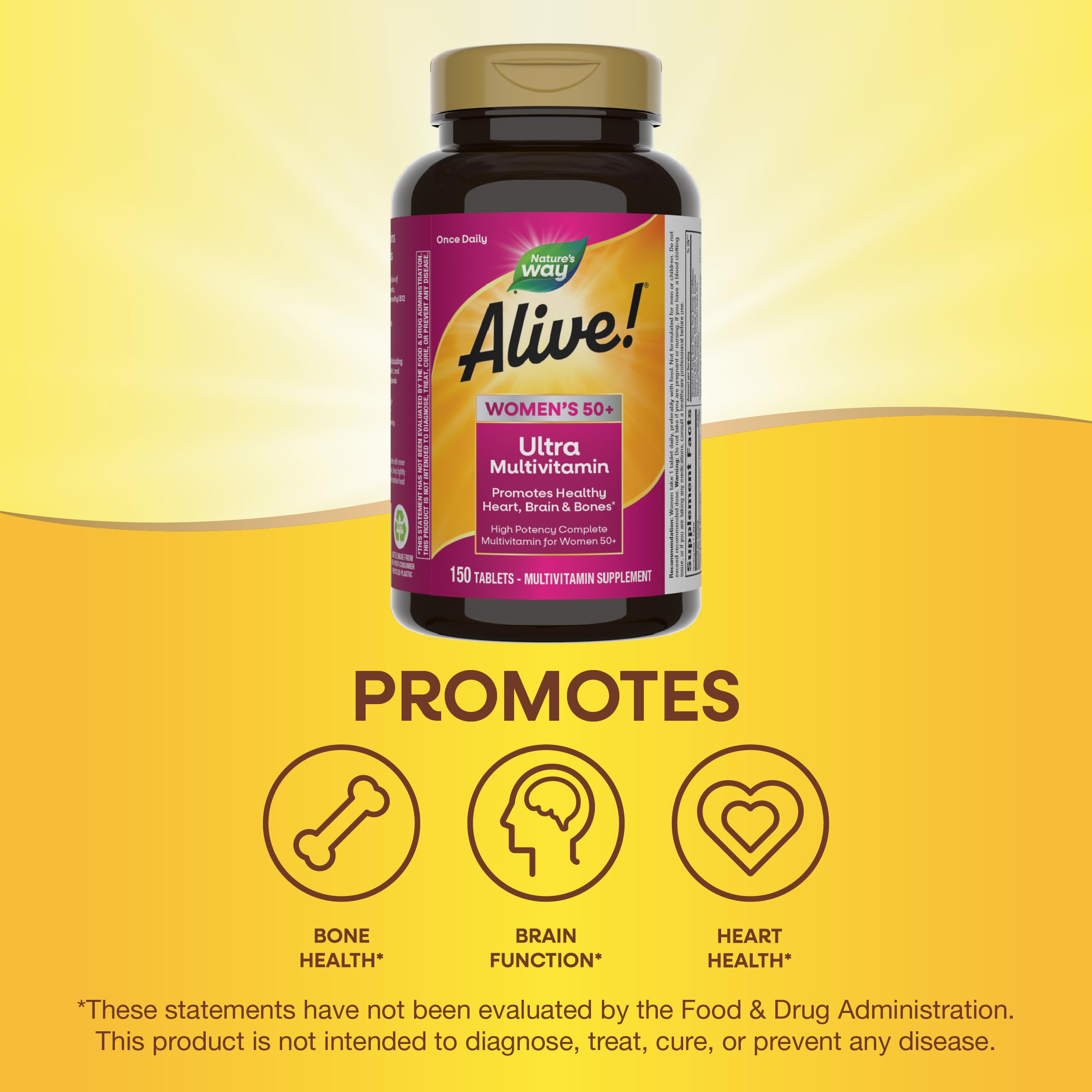 Nature's Way Alive Women 50+ daily tablet promotes convenience and gluten-free formula.