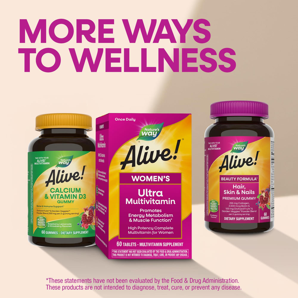 60-tablet bottle of Alive! Women supporting a two-month supply.