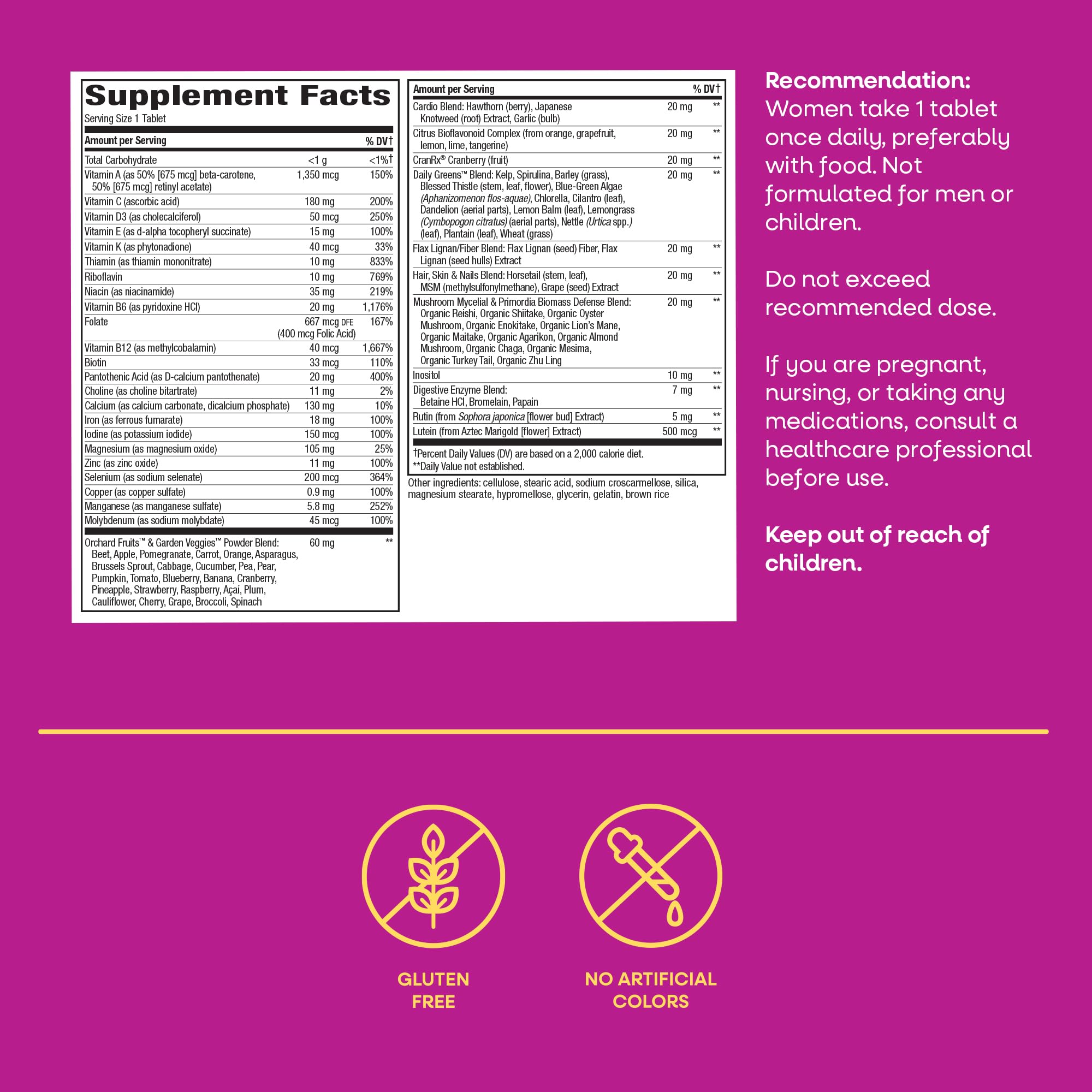 Gluten-free Alive! Women formula with no artificial colors.