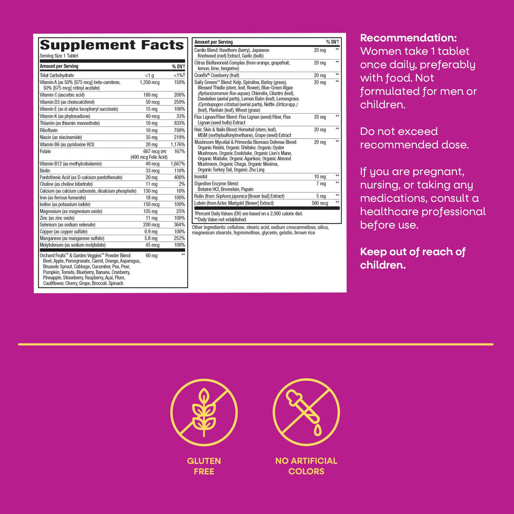 Gluten-free Alive! Women formula with no artificial colors.