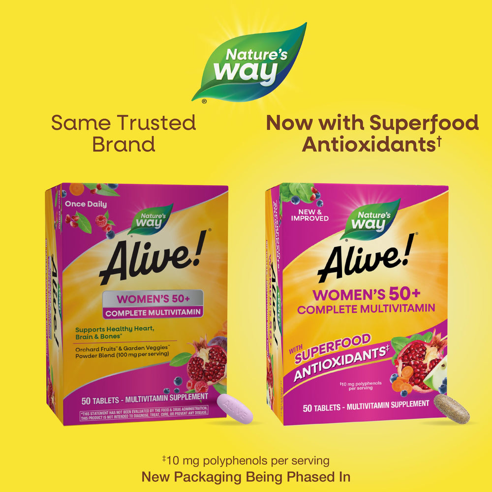 Nature's Way Alive! 50+ bottle closeup shows tablet texture for daily use
