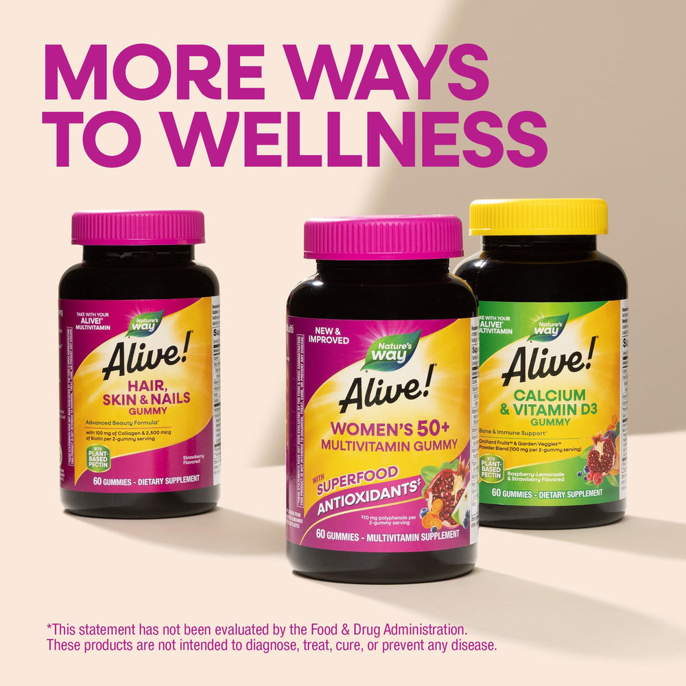 Nature’s Way Alive 50+ polyphenol blend visuals suggest natural antioxidant support.
