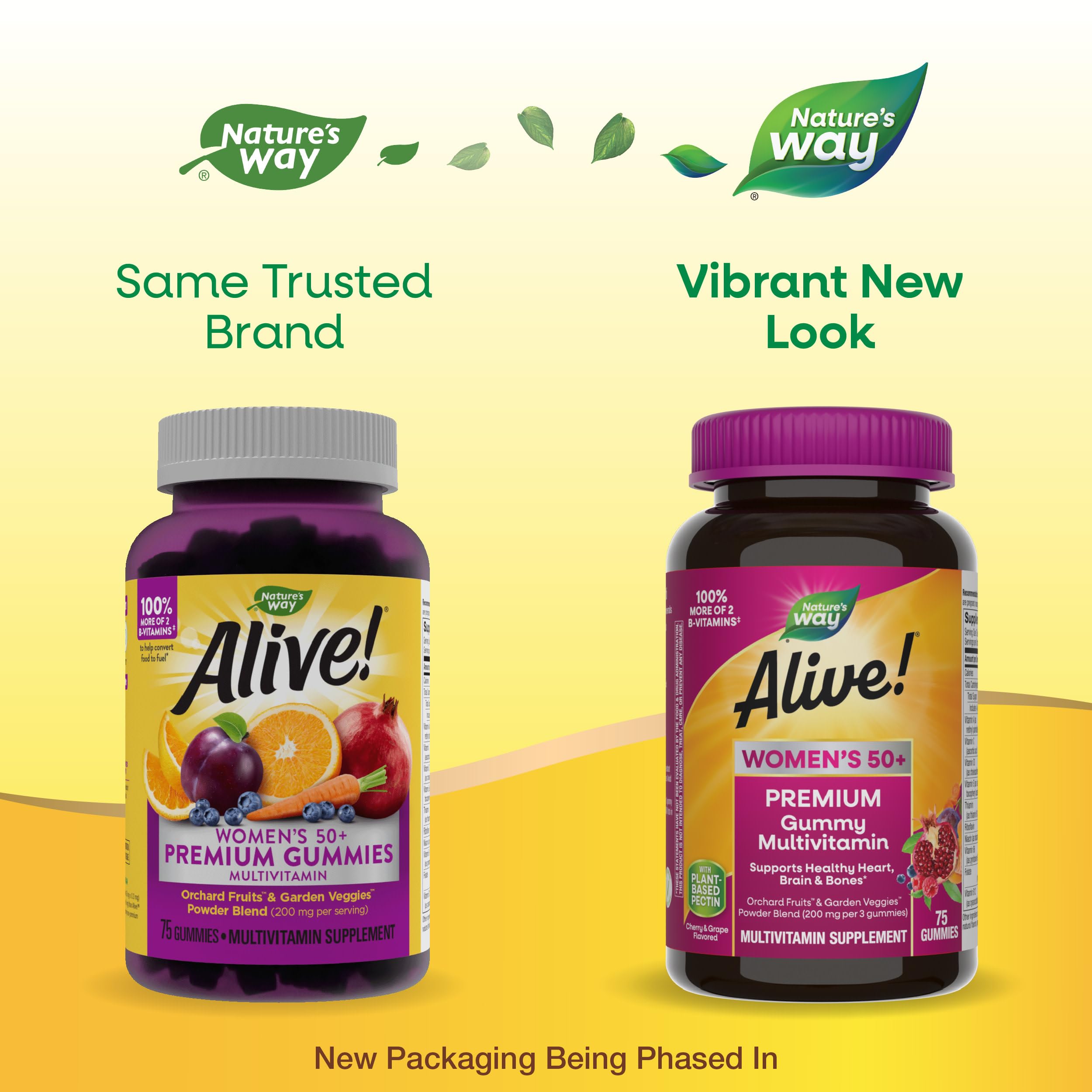Alive! 50+ gummies close-up showing grape and cherry flavors for daily use.