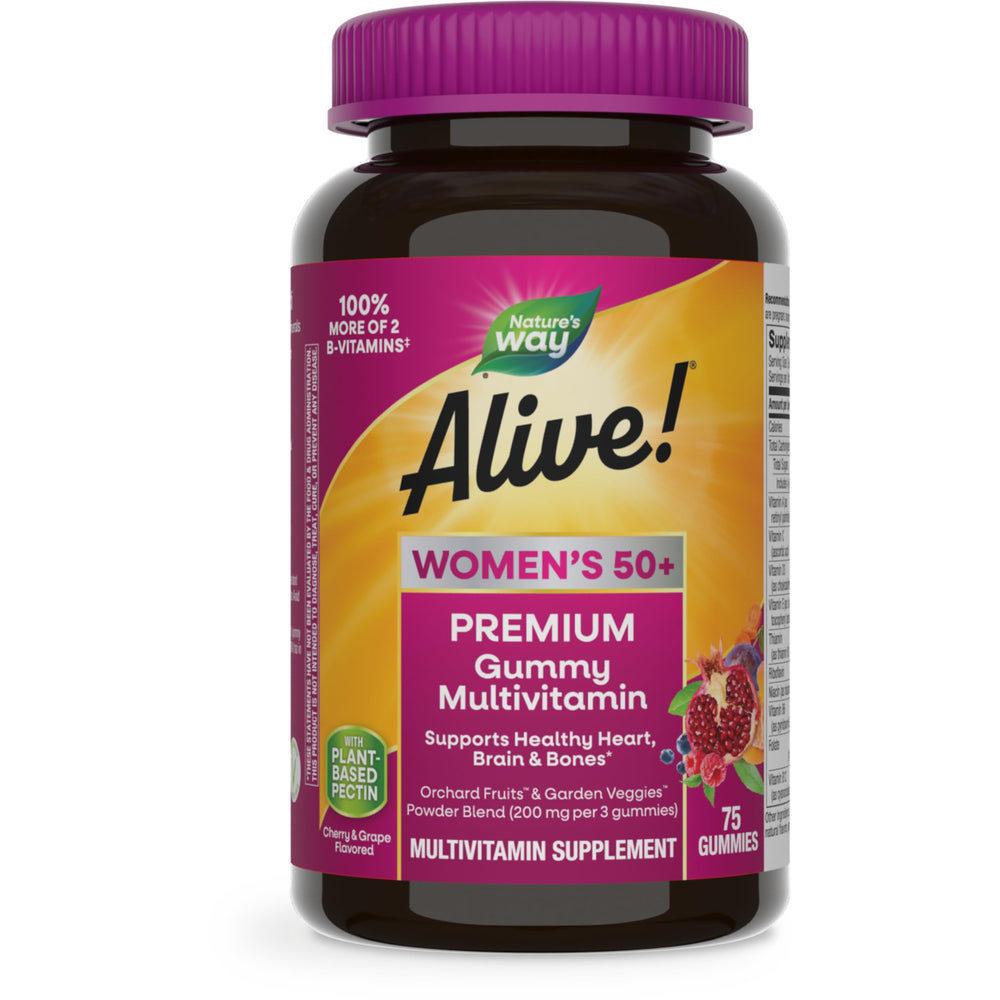 Nature's Way Alive! Women's 50+ gummy multivitamin bottle showing heart and bone support.