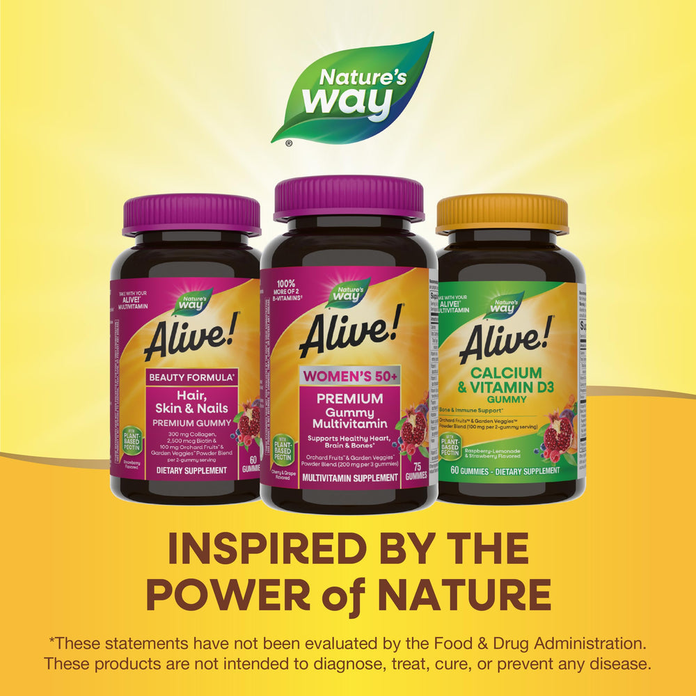 Plant-based pectin texture in Alive! 50+ gummies for vegan-friendly consumption.