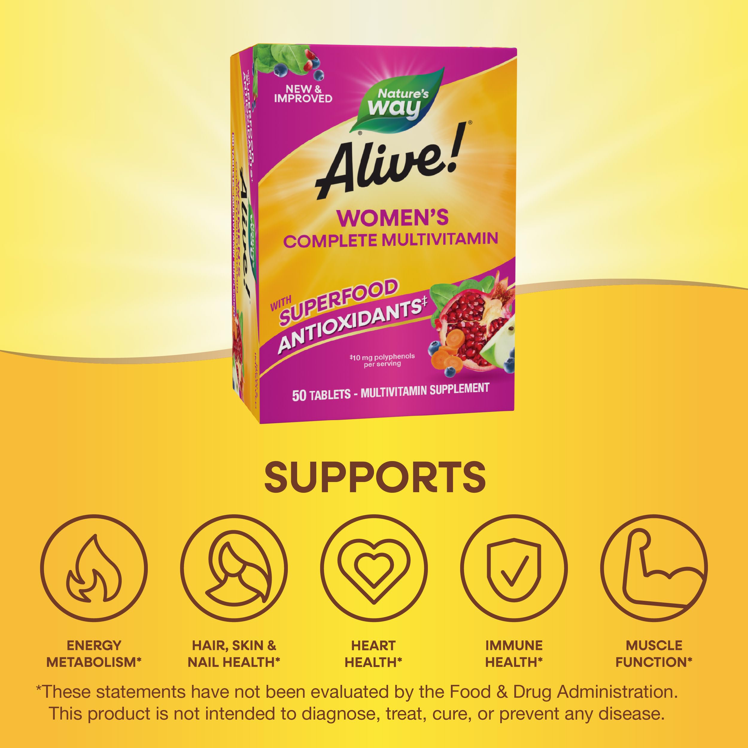 Nature's Way Alive! Women’s multivitamin daily-use tablet for everyday nutrition.