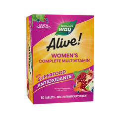 Nature's Way Alive! Women’s multivitamin tablet closeup for energy metabolism support.