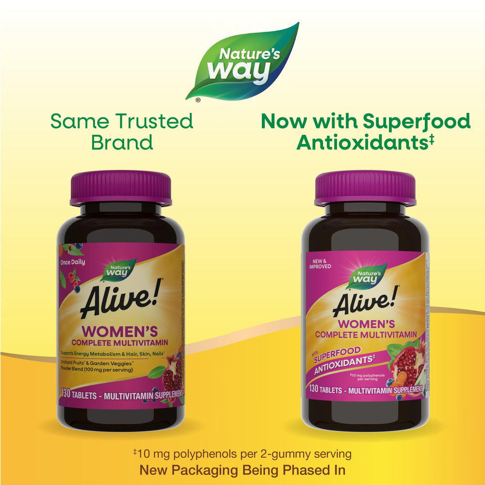 Alive! tablets close-up showing colorful formula for hair, skin, nails.