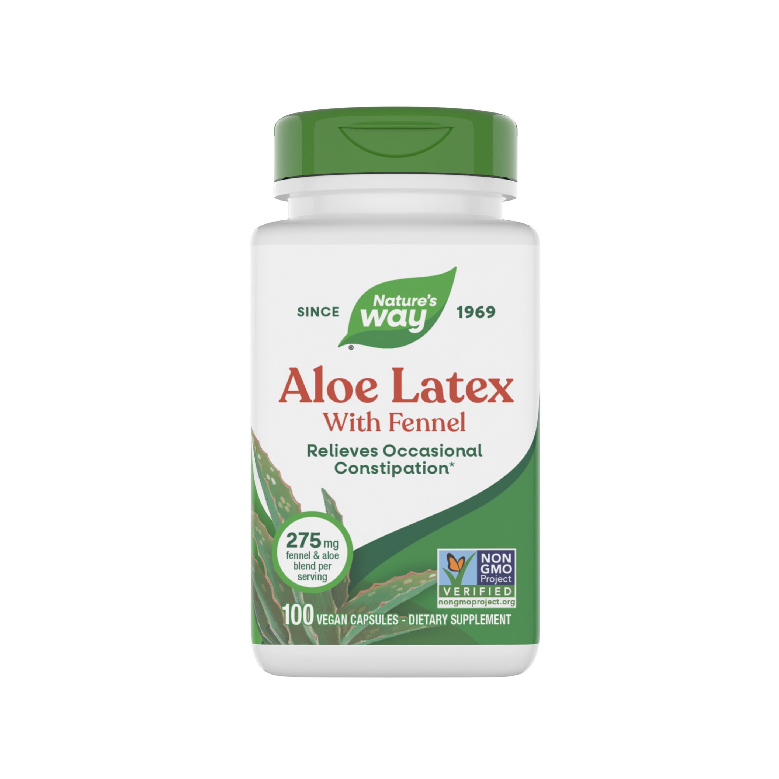 Nature's Way Aloe Latex with Fennel capsules bottle view: vegan and gluten-free formula.