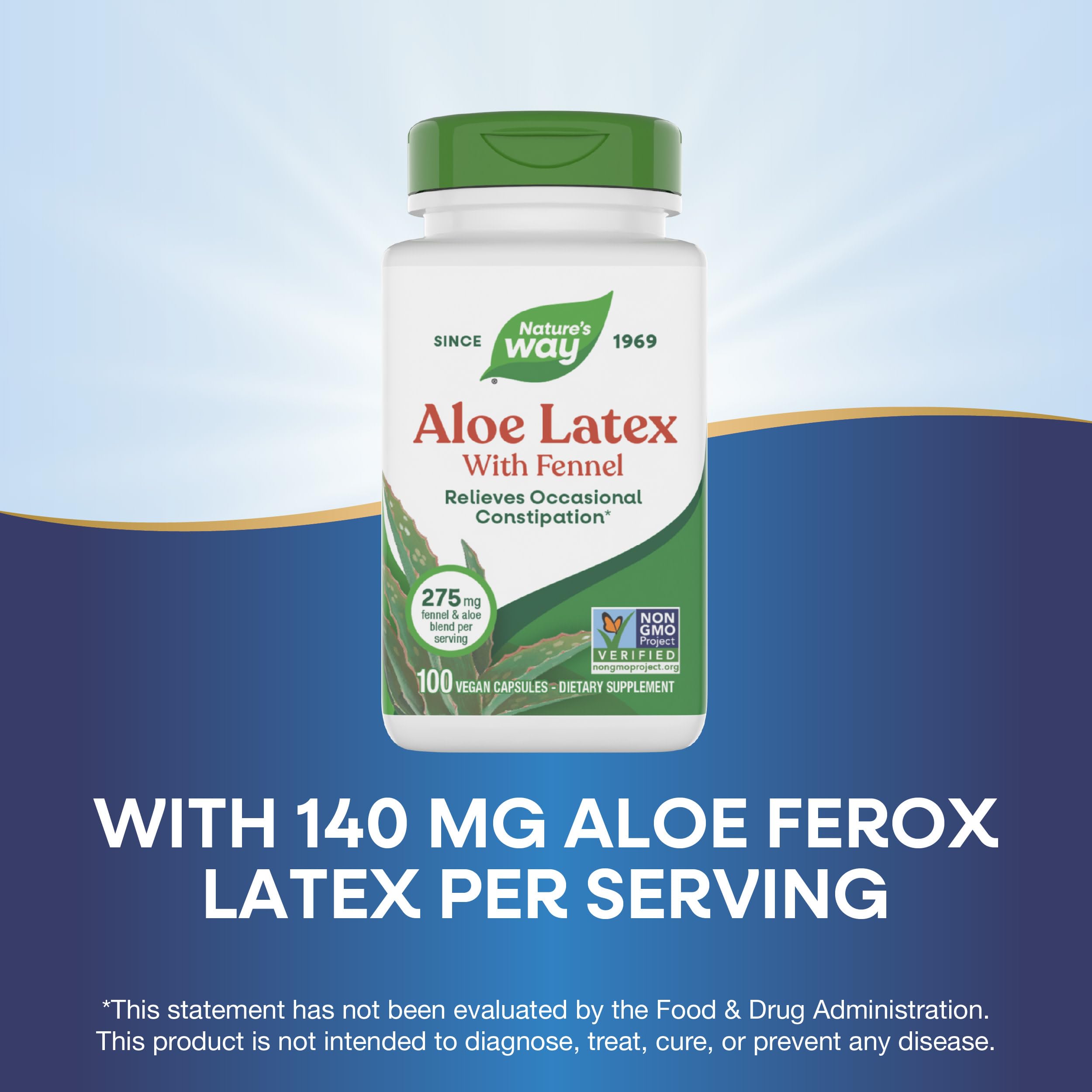 Nature's Way Aloe Latex with Fennel capsules ingredients panel with 140 mg aloe.