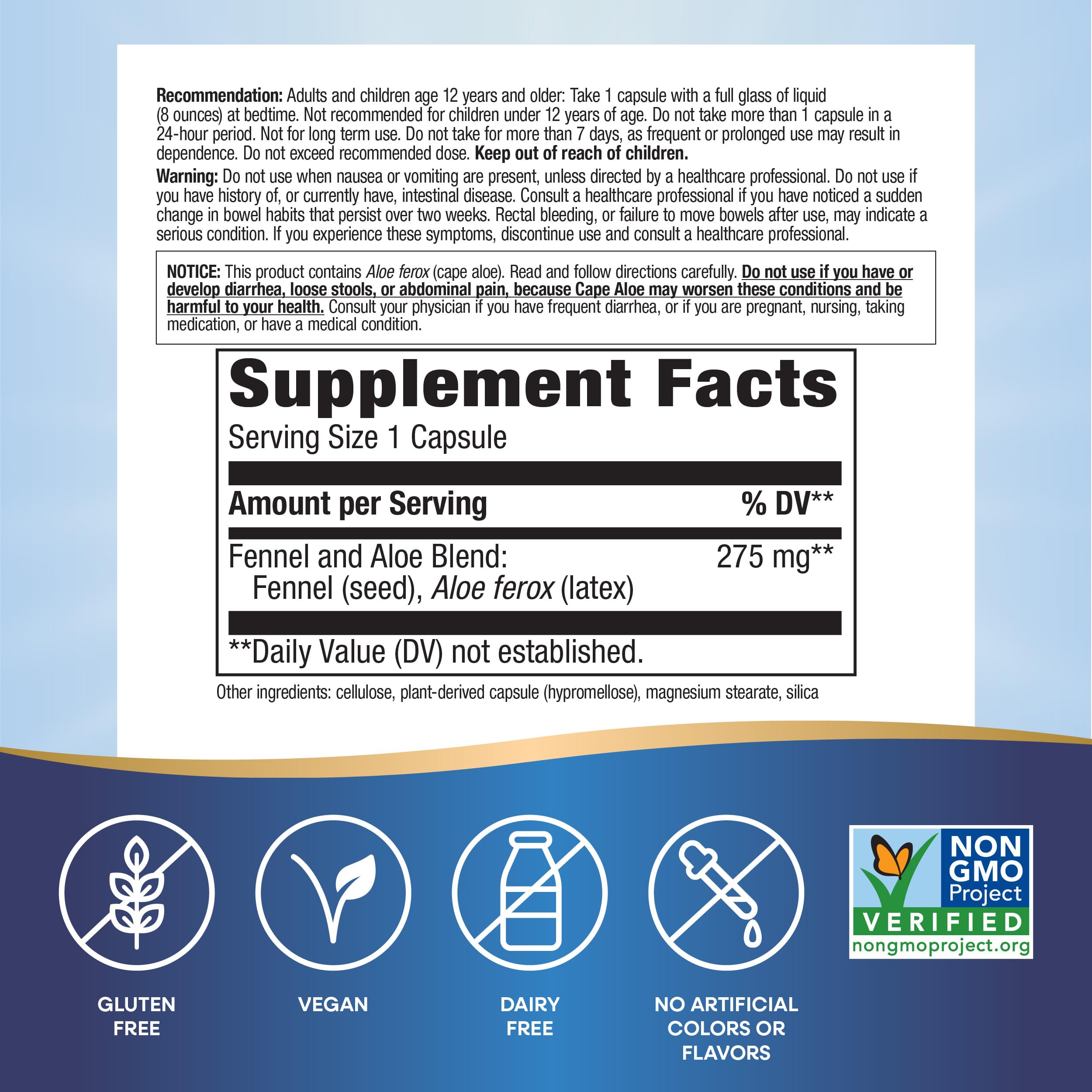 Nature's Way Aloe Latex with Fennel label highlights Non-GMO verification and dietary notes.