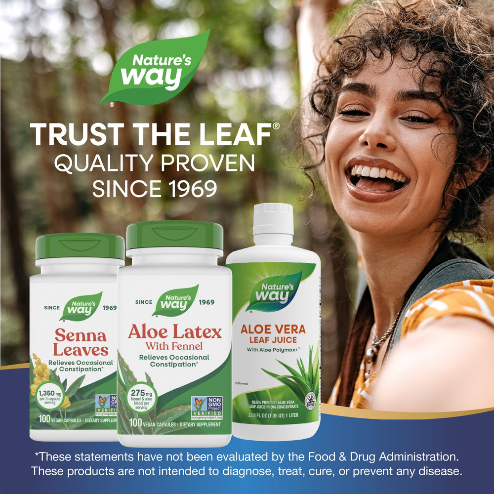 Nature's Way Aloe Latex with Fennel certification badge for vegan and Non-GMO.