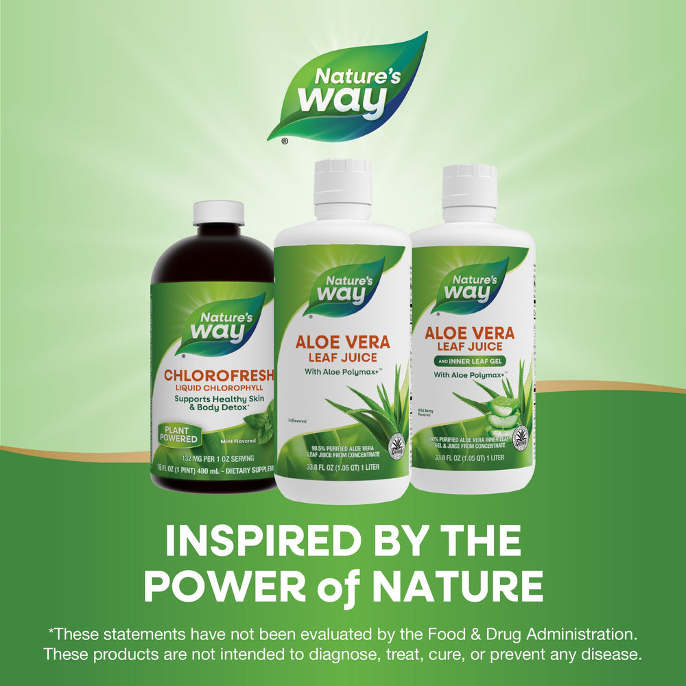Nature's Way Aloe Vera Leaf Juice bottle stored cool for freshness.