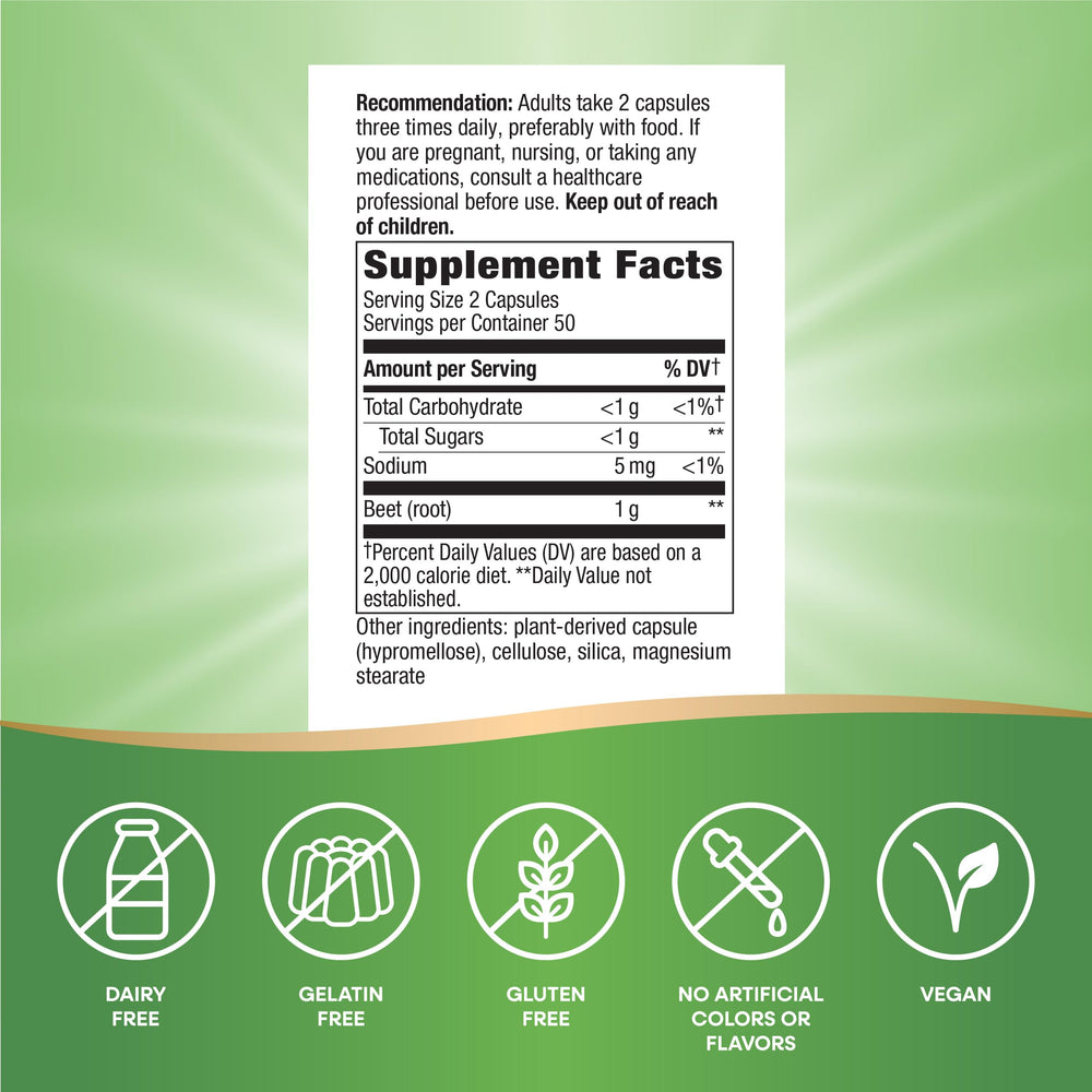 Nature's Way Beet Root capsules displayed for a simple daily routine.
