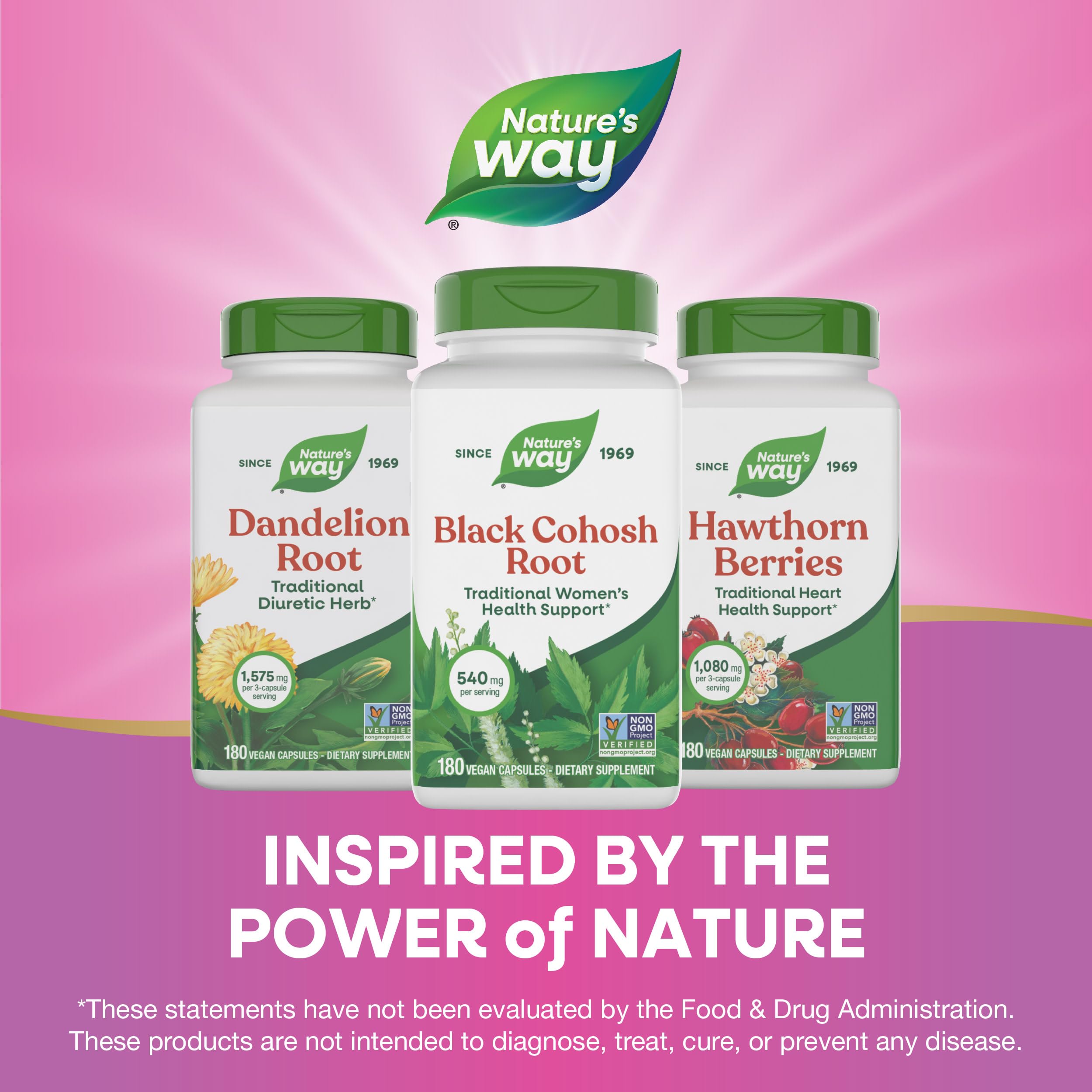 Nature's Way Black Cohosh Root capsules on table highlighting serving size
