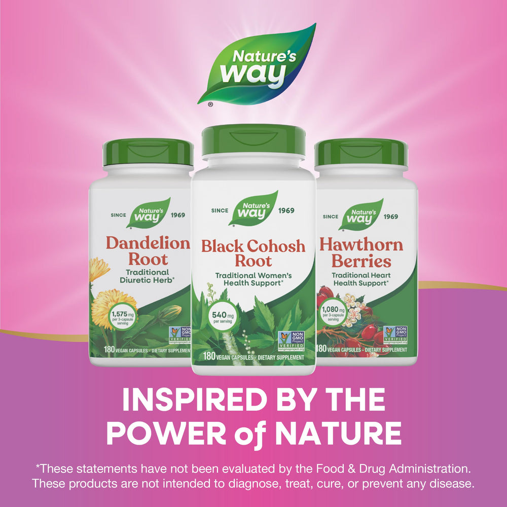 Nature's Way Black Cohosh Root capsules on table highlighting serving size