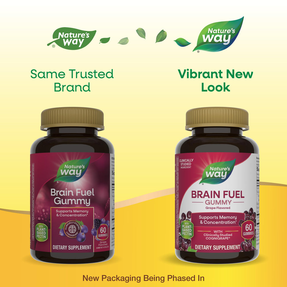 Nature's Way Brain Fuel gummies packaging front highlights Cognigrape extract.