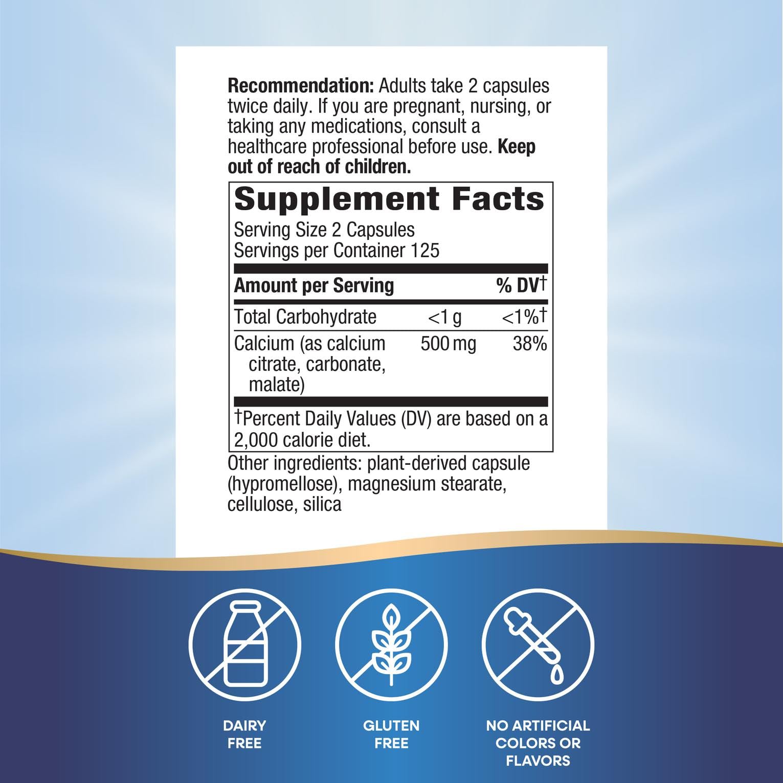 Close-up of Nature's Way capsules with two-capsule 500 mg calcium content