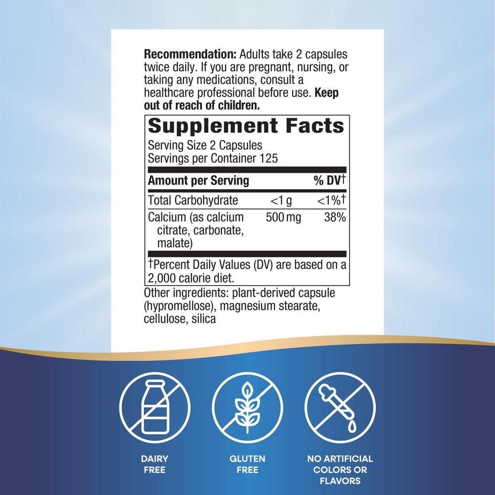 Close-up of Nature's Way capsules with two-capsule 500 mg calcium content