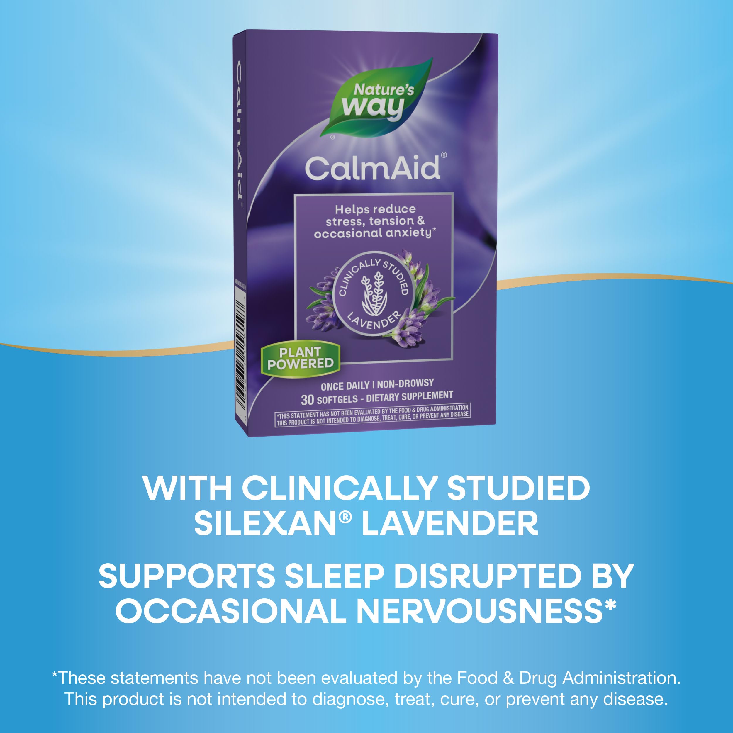CalmAid bottle with label highlighting clinically studied lavender oil.