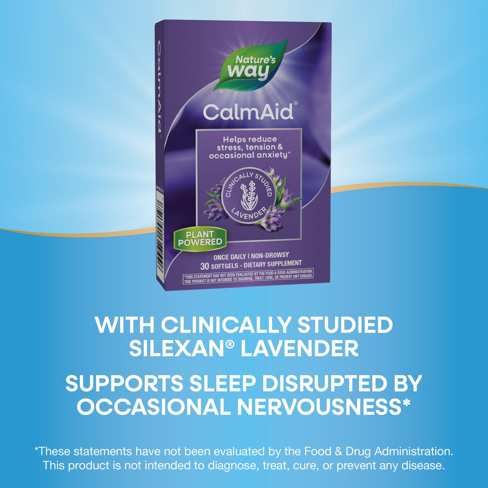 CalmAid bottle with label highlighting clinically studied lavender oil.