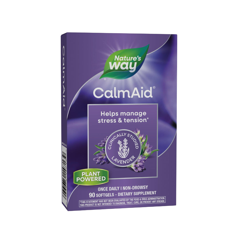 Nature's Way CalmAid bottle with lavender oil capsules for daily stress support.