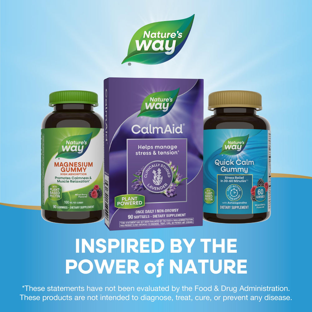 Nature's Way CalmAid packaging on table highlights gluten-free softgels.
