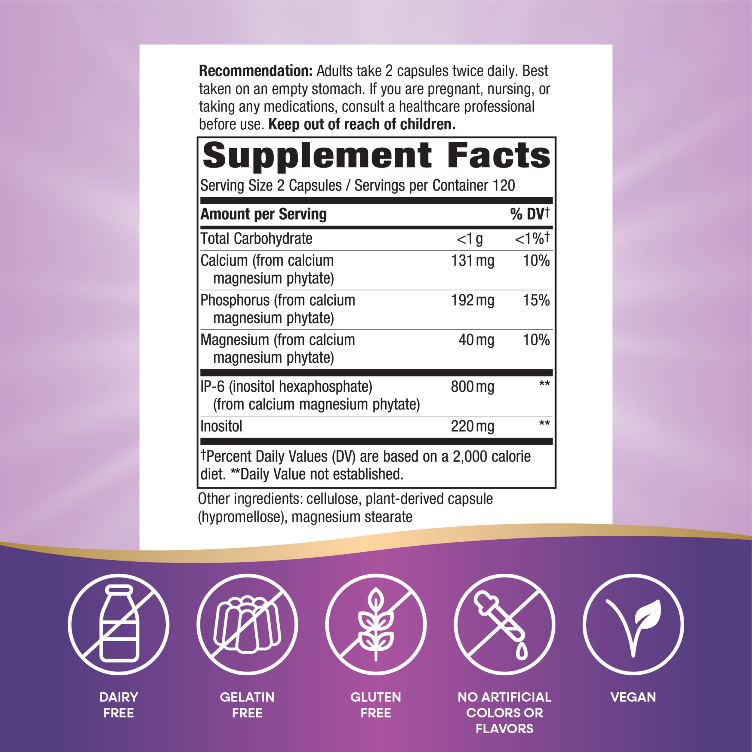 Label of Nature's Way Cell Forté IP-6 & Inositol highlighting gluten-free and vegan quality