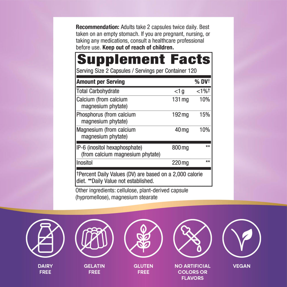 Label of Nature's Way Cell Forté IP-6 & Inositol highlighting gluten-free and vegan quality