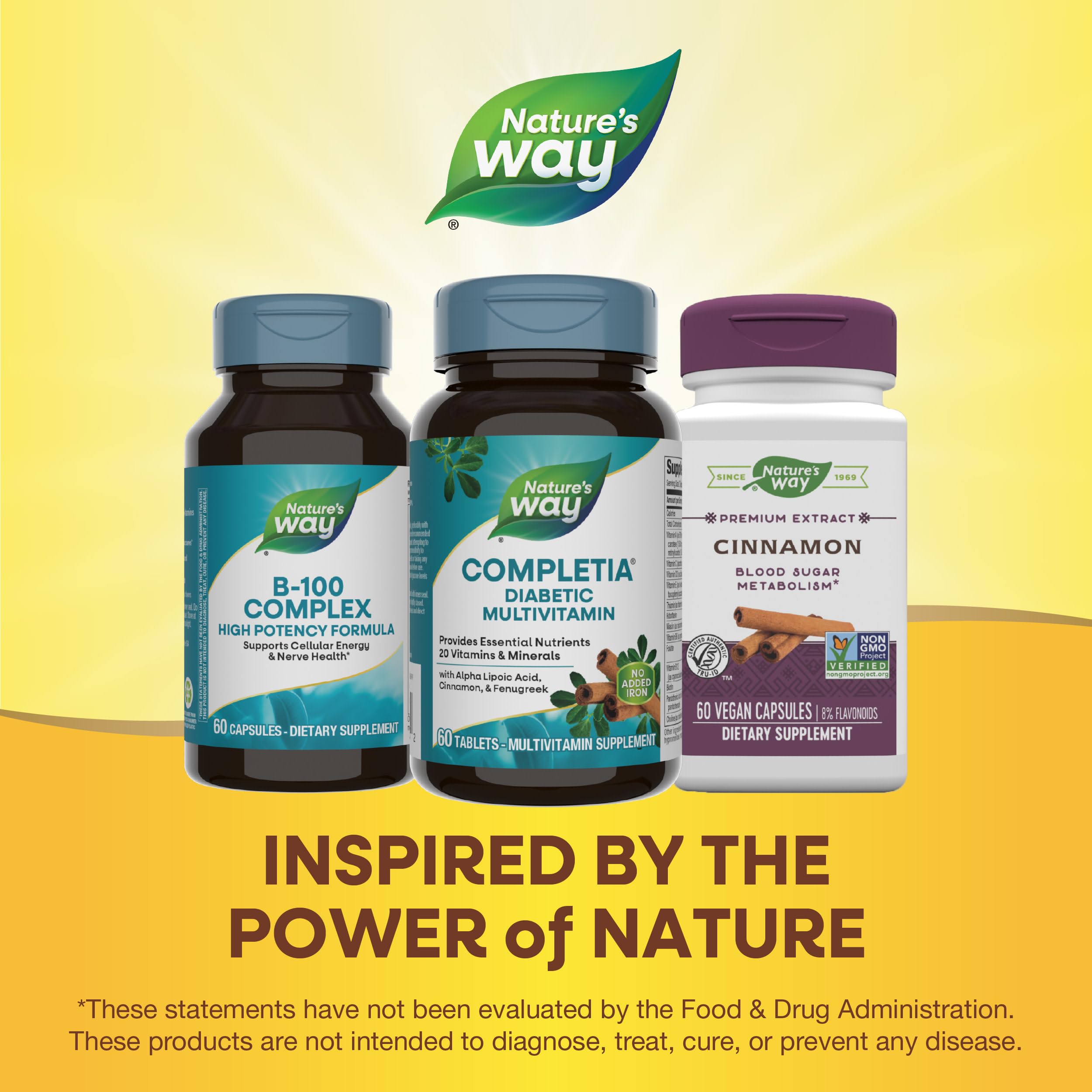 Nature's Way Completia Diabetic tablets close-up with soft lighting
