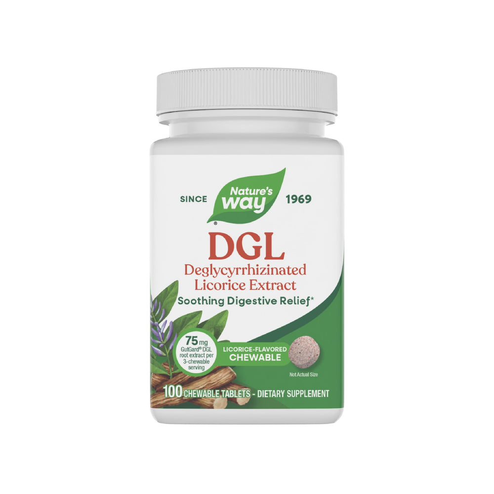 Nature's Way DGL chewables bottle displays convenient digestive support.
