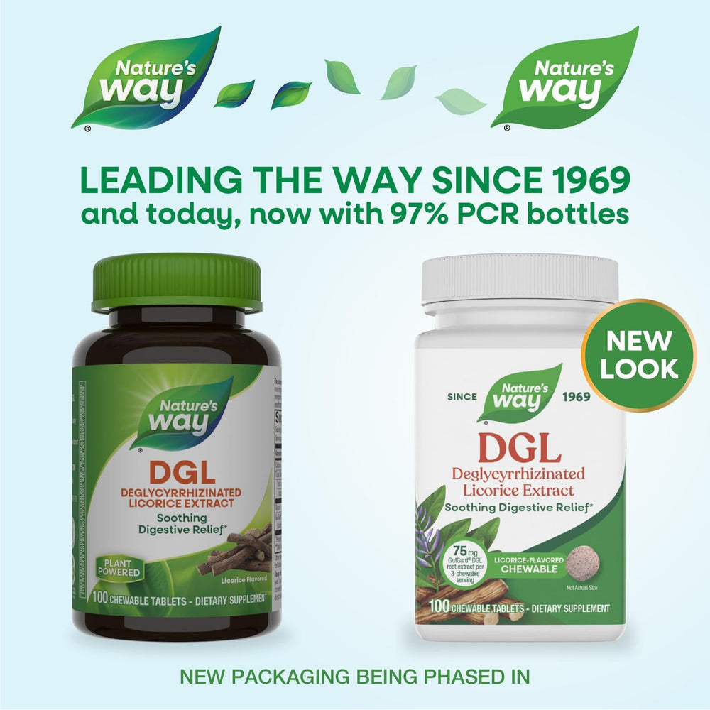 Nature's Way DGL ingredients label highlights vegan and gluten-free features.