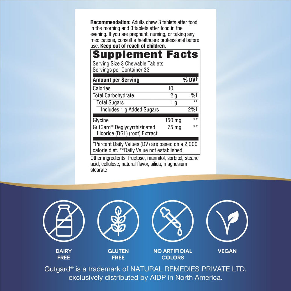 Nature's Way DGL licorice-flavored chew shown for post-meal use.
