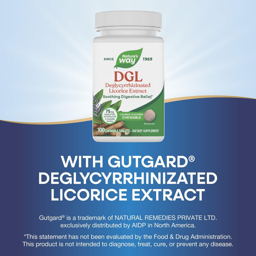 Nature's Way DGL box shows vegan and gluten-free icons for dietary choices.