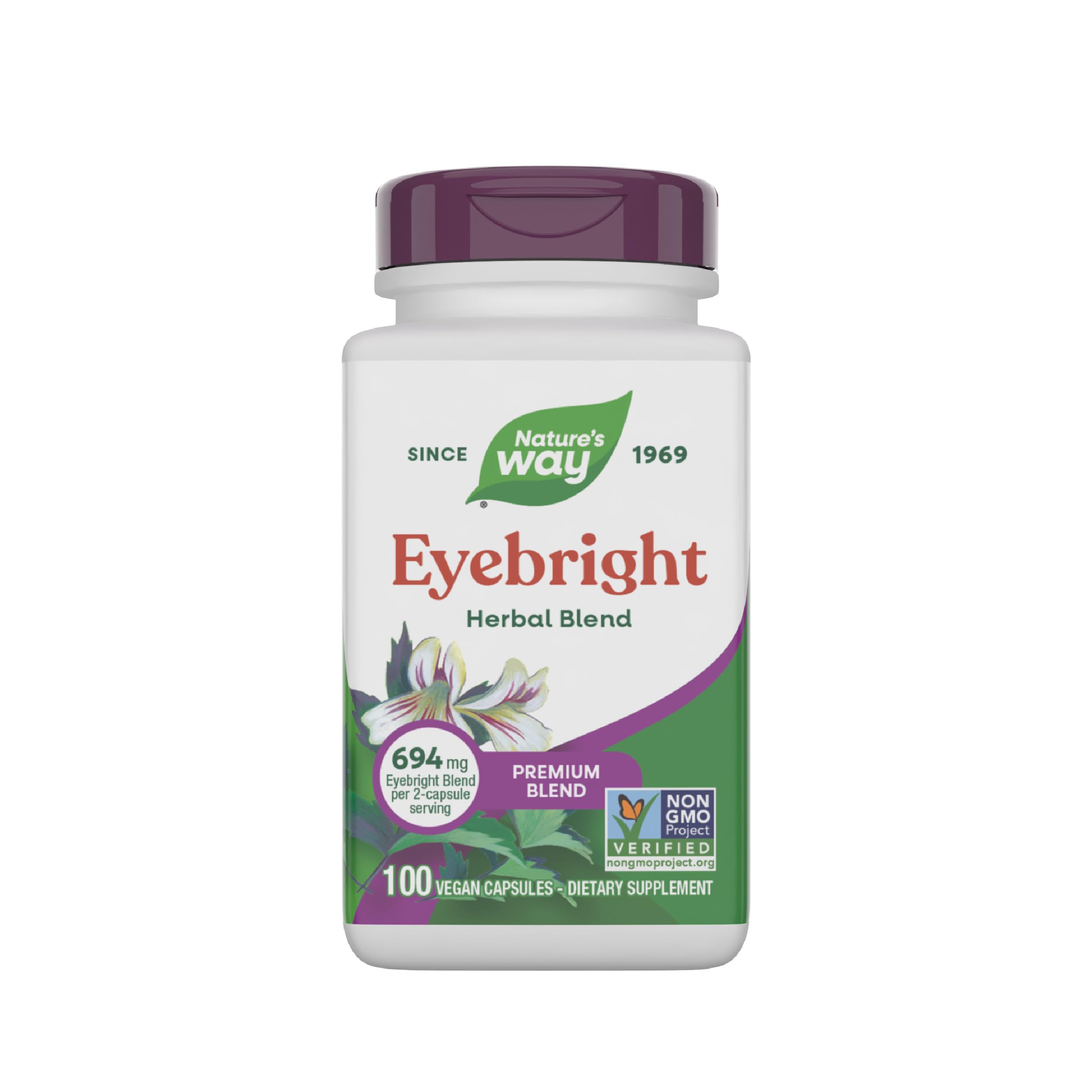 Nature's Way Eyebright bottle label highlights vegan herbal blend for daily wellness.