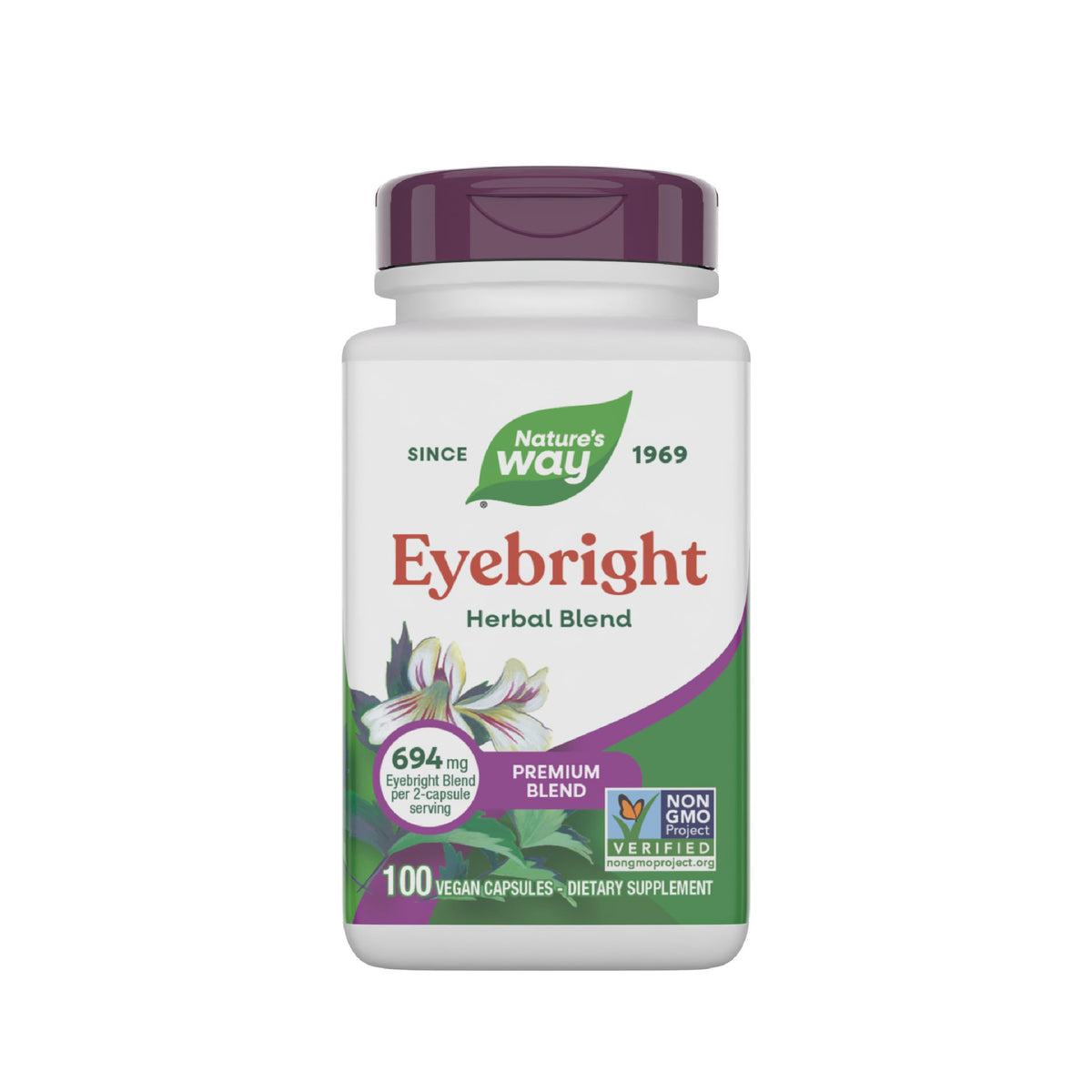 Nature's Way Eyebright bottle label highlights vegan herbal blend for daily wellness.