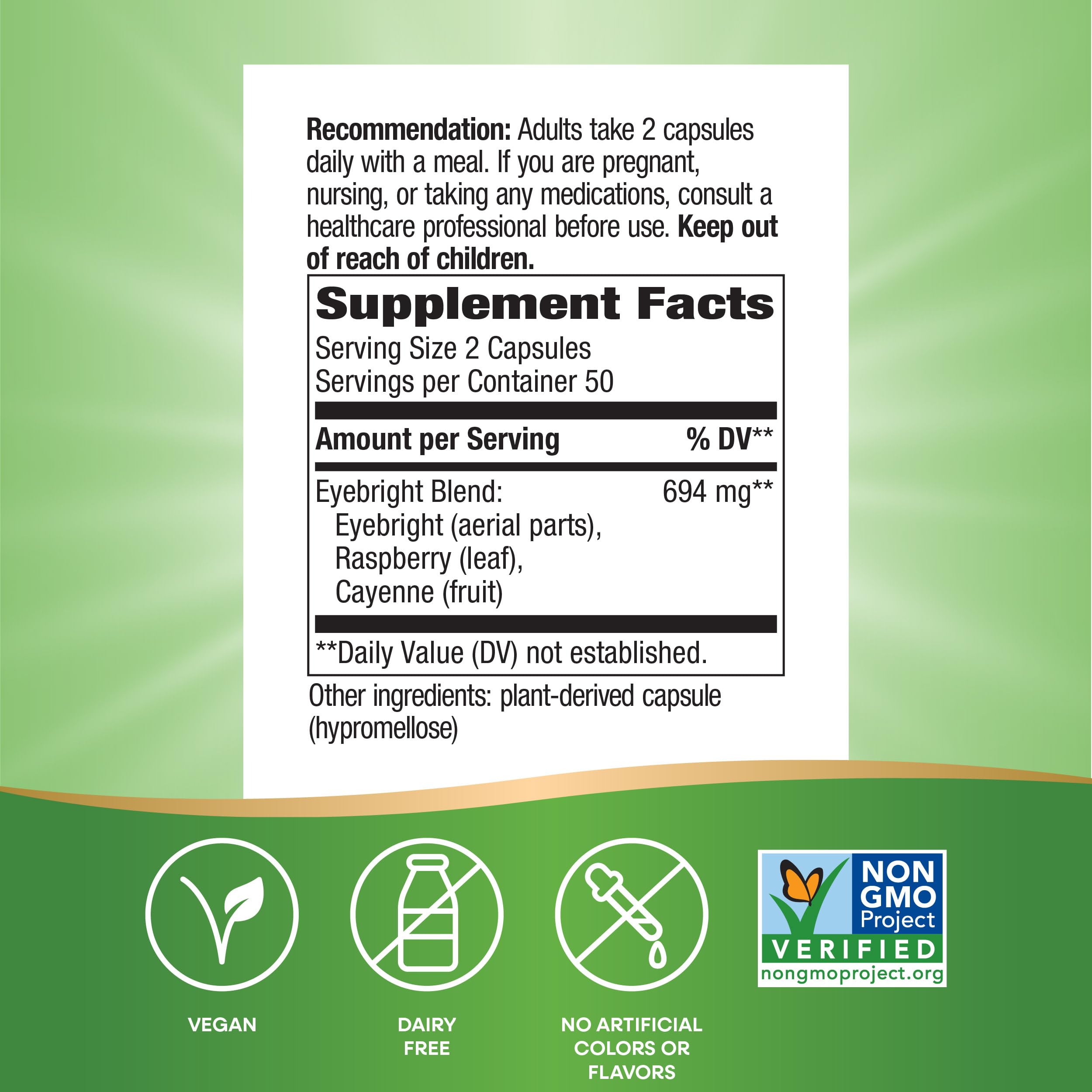 Nature's Way Eyebright packaging displays Non-GMO verification and clean ingredients.