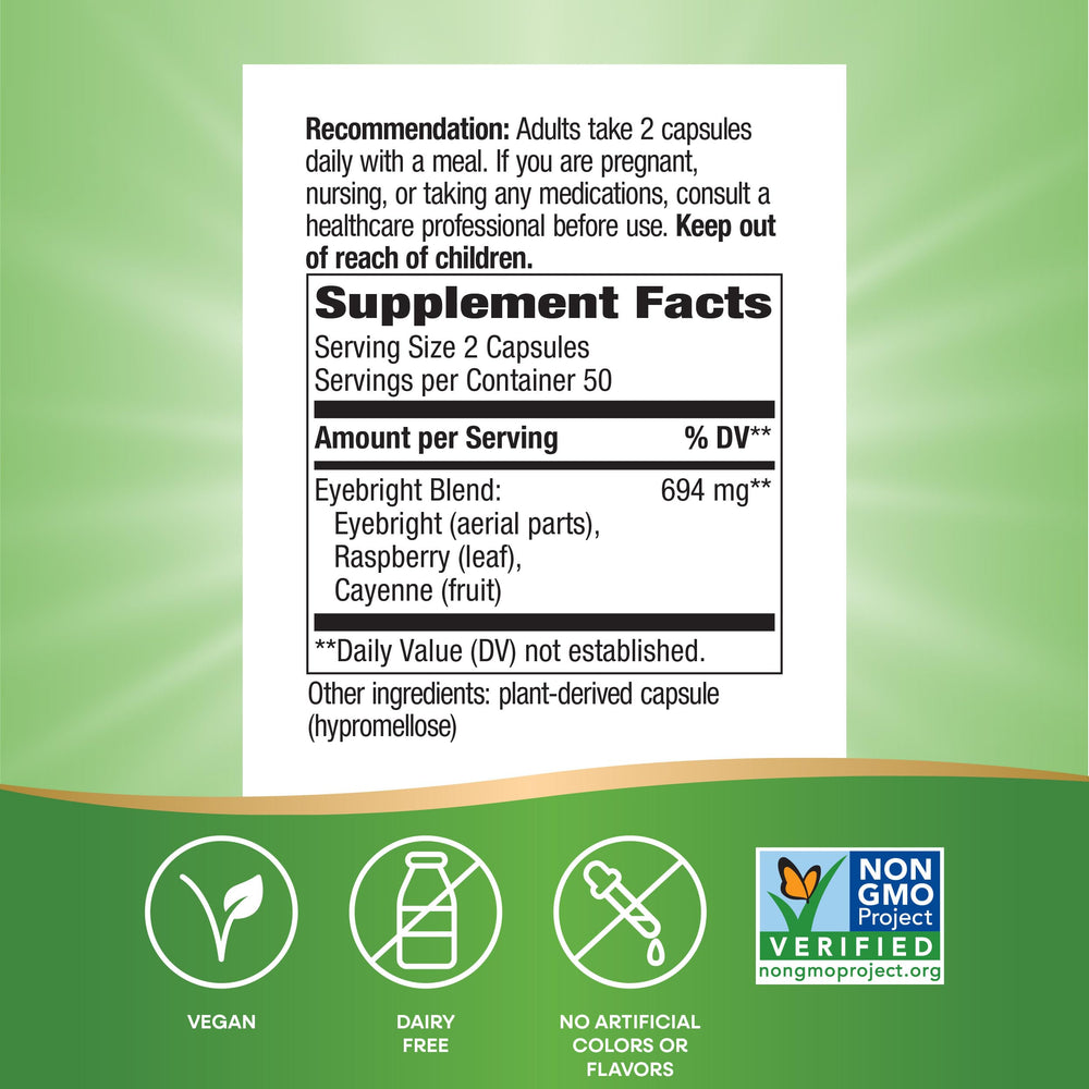 Nature's Way Eyebright packaging displays Non-GMO verification and clean ingredients.