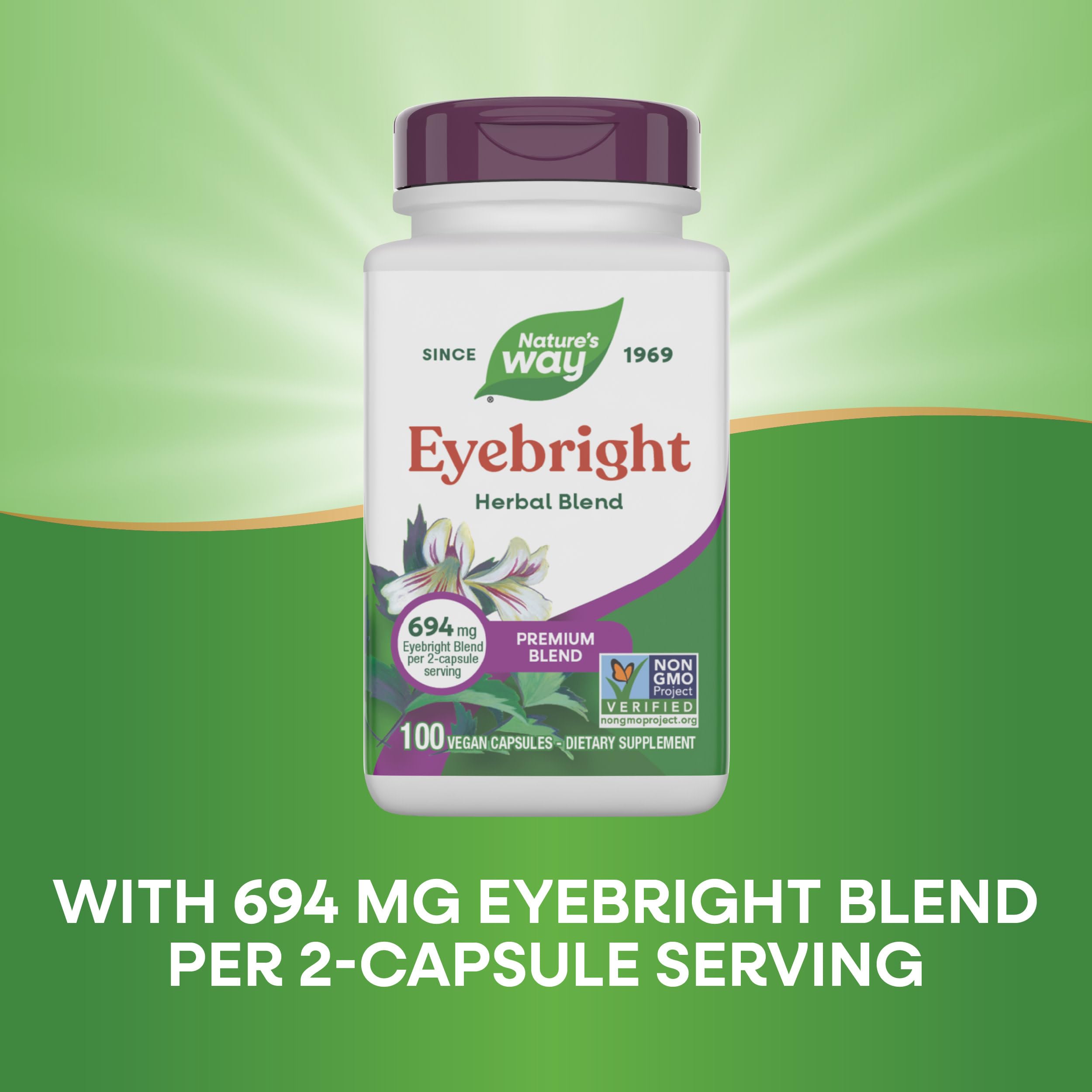 Nature's Way Eyebright vegan capsules shown for a plant-based wellness option.